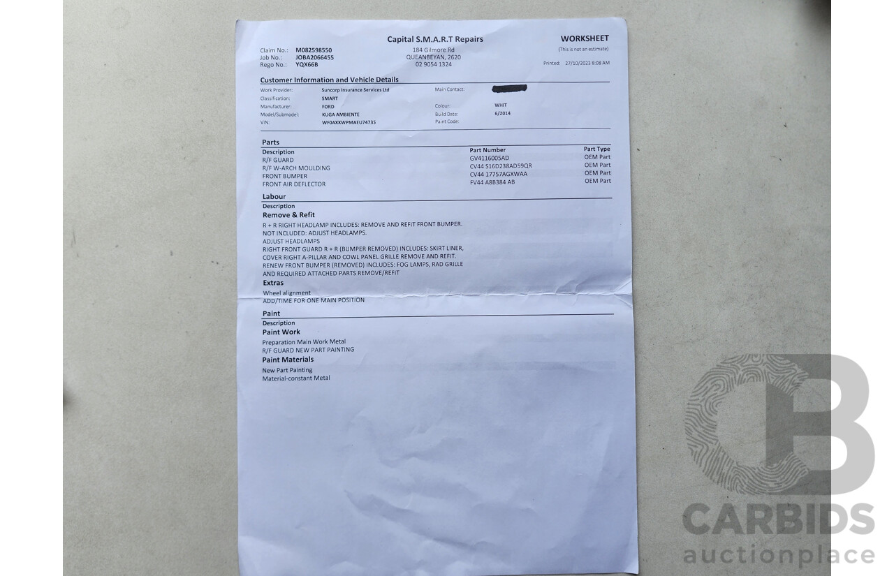 8/2014 Ford Kuga Ambiente (awd) TF 4d Wagon White 1.6L