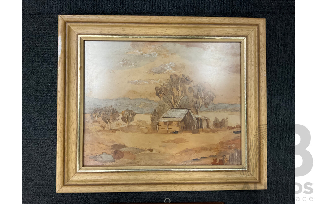Artist Unknown - K.Shepherd,  ''The Settlers Hut'' - Paperbark Collage 31x26 Cm (frame) &  ''Scenery'' - Paperbark Collage 18x18 Cm (frame)