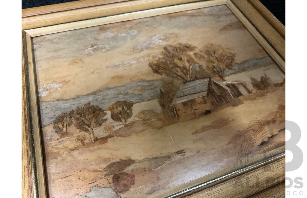 Artist Unknown - K.Shepherd,  ''The Settlers Hut'' - Paperbark Collage 31x26 Cm (frame) &  ''Scenery'' - Paperbark Collage 18x18 Cm (frame)