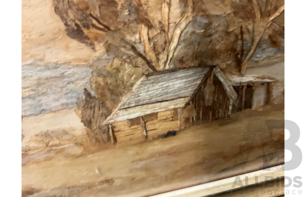 Artist Unknown - K.Shepherd,  ''The Settlers Hut'' - Paperbark Collage 31x26 Cm (frame) &  ''Scenery'' - Paperbark Collage 18x18 Cm (frame)