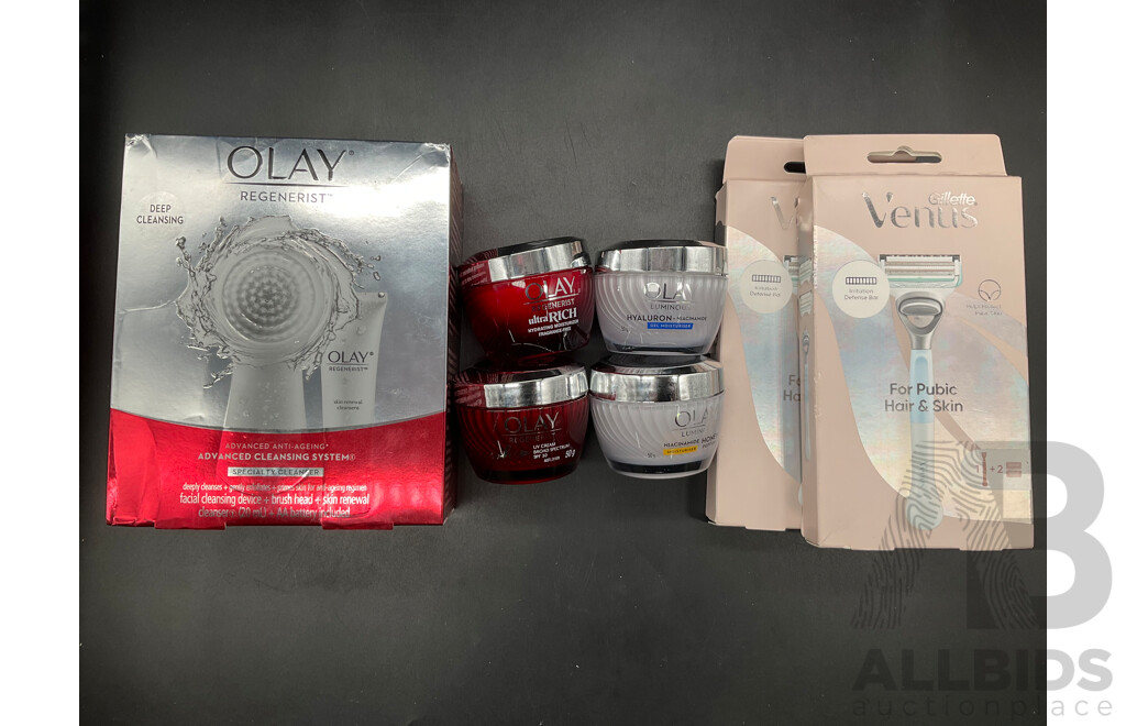 OLAY Skincare Products From the Regenerist and Luminous Lines, GILLETTE Venus Razors - Lot of 7