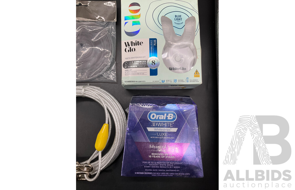 ORAL-B White Strips, WHITE GLO Teeth Whitening Kit, ANKO Thermal Print Cameras, Magnet Strip and Wire Cable - Lot of 6