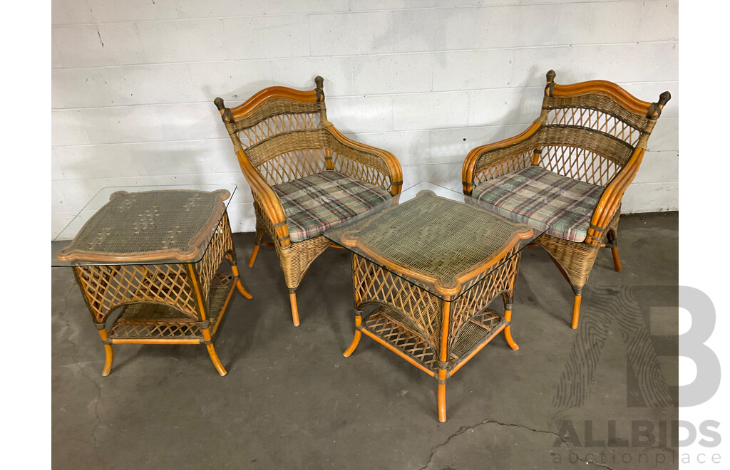 Cane & Rattan Garden Coffee Set and Rattan Wicker Cane Shelving - Lot of 5
