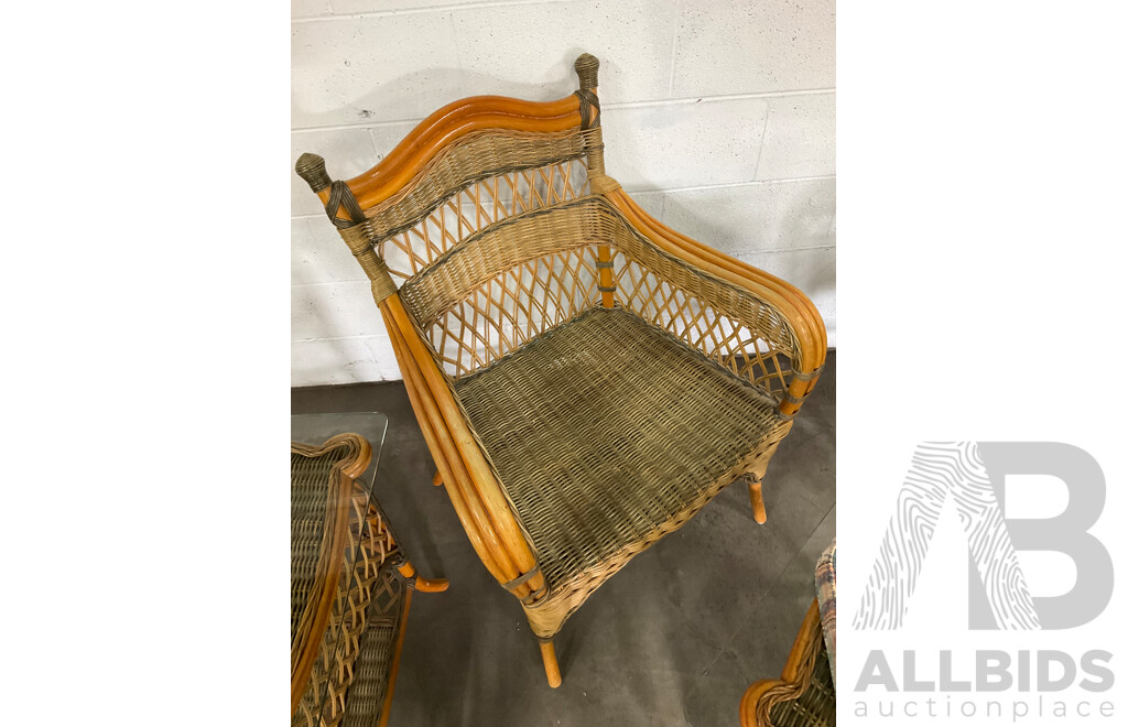 Cane & Rattan Garden Coffee Set and Rattan Wicker Cane Shelving - Lot of 5