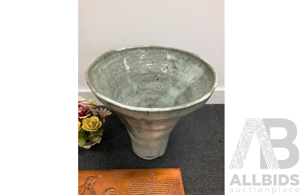 Assorted Decor, Including Capodimonte Pedestal Stand and Flower Basket, Large Vase and Two Plaques - Lot of 5