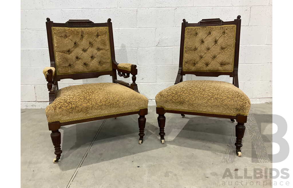 Pair of Grandfather and Grandmother Chairs with Velvet Upholstery