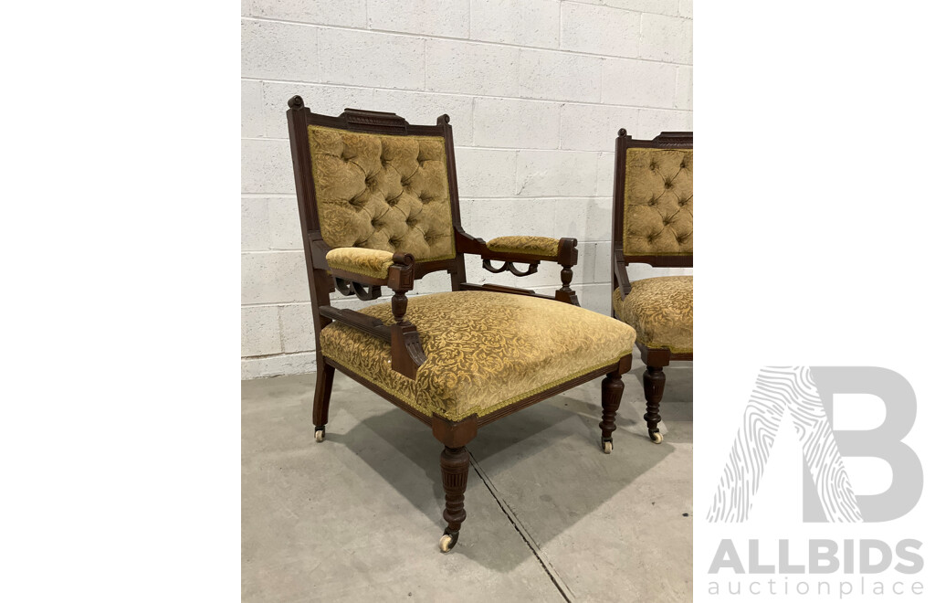 Pair of Grandfather and Grandmother Chairs with Velvet Upholstery
