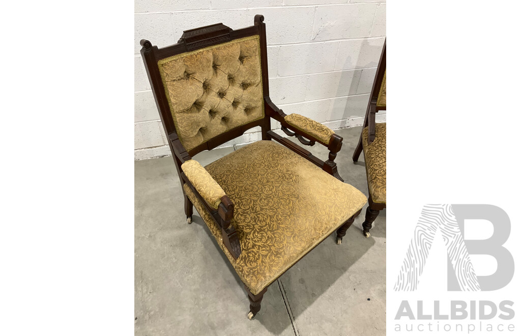 Pair of Grandfather and Grandmother Chairs with Velvet Upholstery