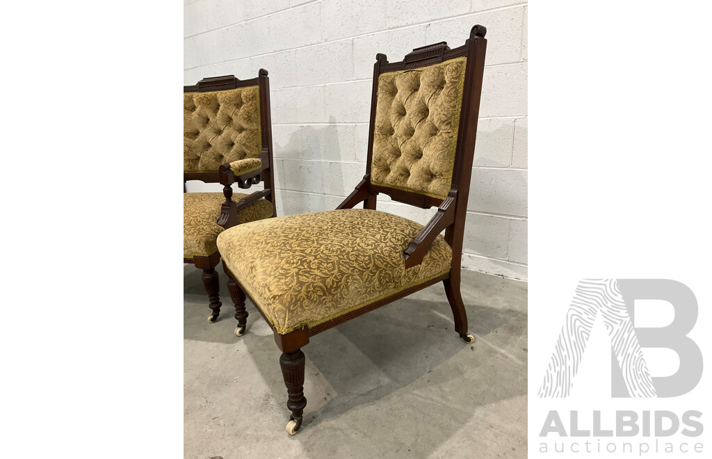 Pair of Grandfather and Grandmother Chairs with Velvet Upholstery