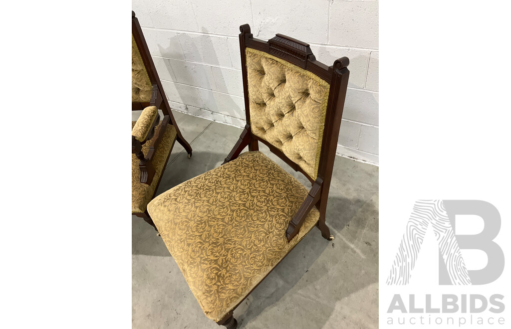 Pair of Grandfather and Grandmother Chairs with Velvet Upholstery