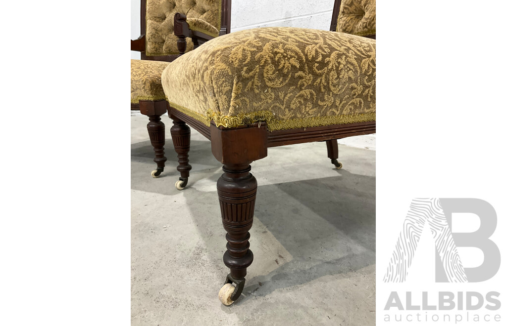 Pair of Grandfather and Grandmother Chairs with Velvet Upholstery