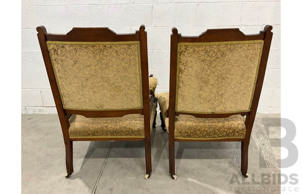 Pair of Grandfather and Grandmother Chairs with Velvet Upholstery