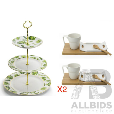 Tropical Leaf 3 Tier Porcelain Cake Stand Serving Plate X2 & 4 Pieces Coffee /Tea Serving Set X4 - Lot of 6