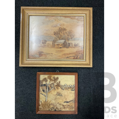 Artist Unknown - K.Shepherd,  ''The Settlers Hut'' - Paperbark Collage 31x26 Cm (frame) &  ''Scenery'' - Paperbark Collage 18x18 Cm (frame)