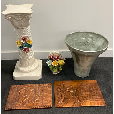 Assorted Decor, Including Capodimonte Pedestal Stand and Flower Basket, Large Vase and Two Plaques - Lot of 5
