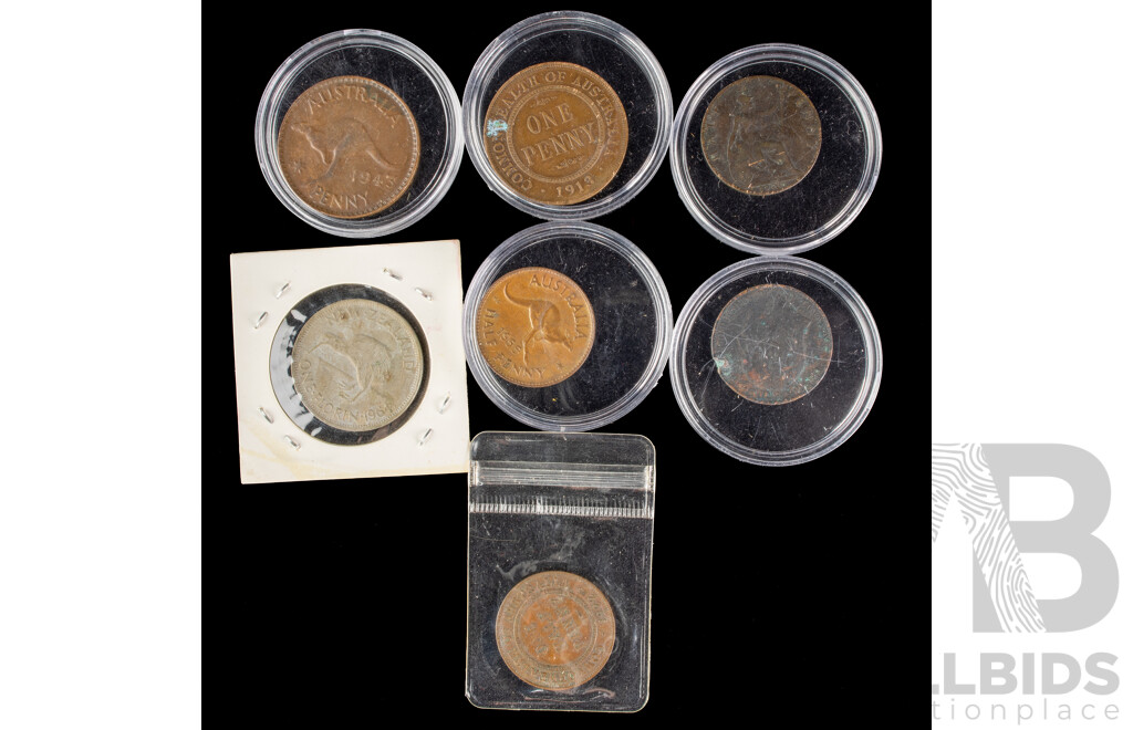 Australian 1913 KGV and 1943 KGVI Pennies, 1922 KGV and 1955 QE2 Half Pennies, UK 1900 QV and 1908 KEVII Half Pennies, New Zealand 1964 QE2 Florin