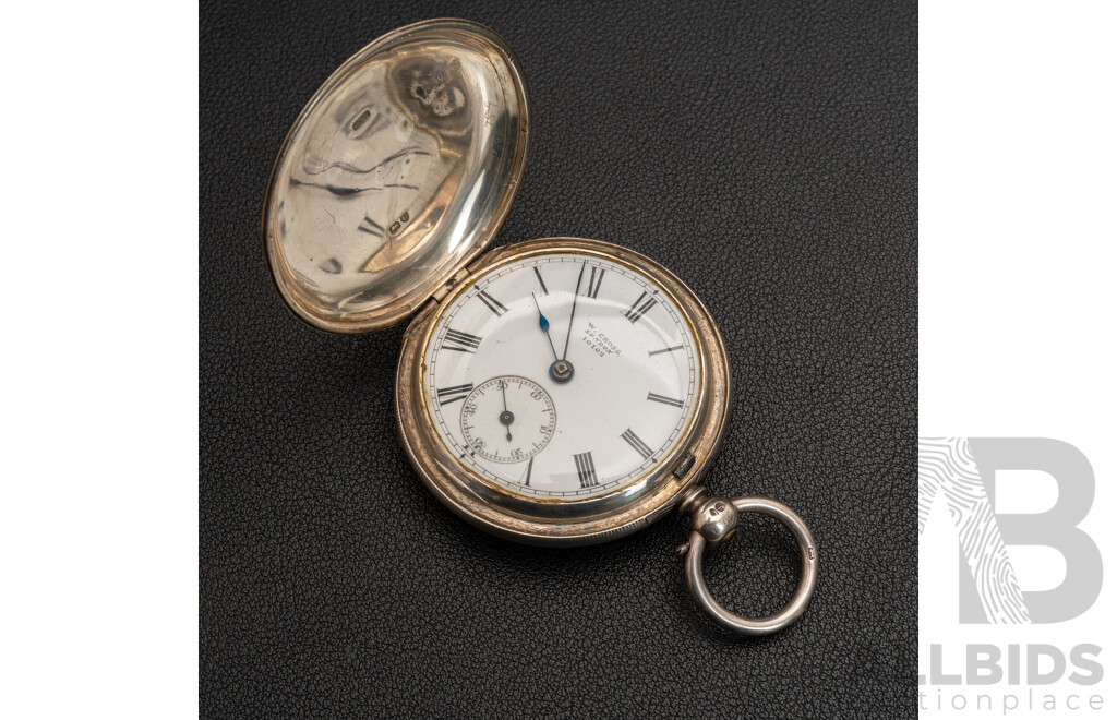 Antique Sterling Silver W Cross London Hunter Key Wind Lever Pocket Watch, 48mm, 103.48 Grams