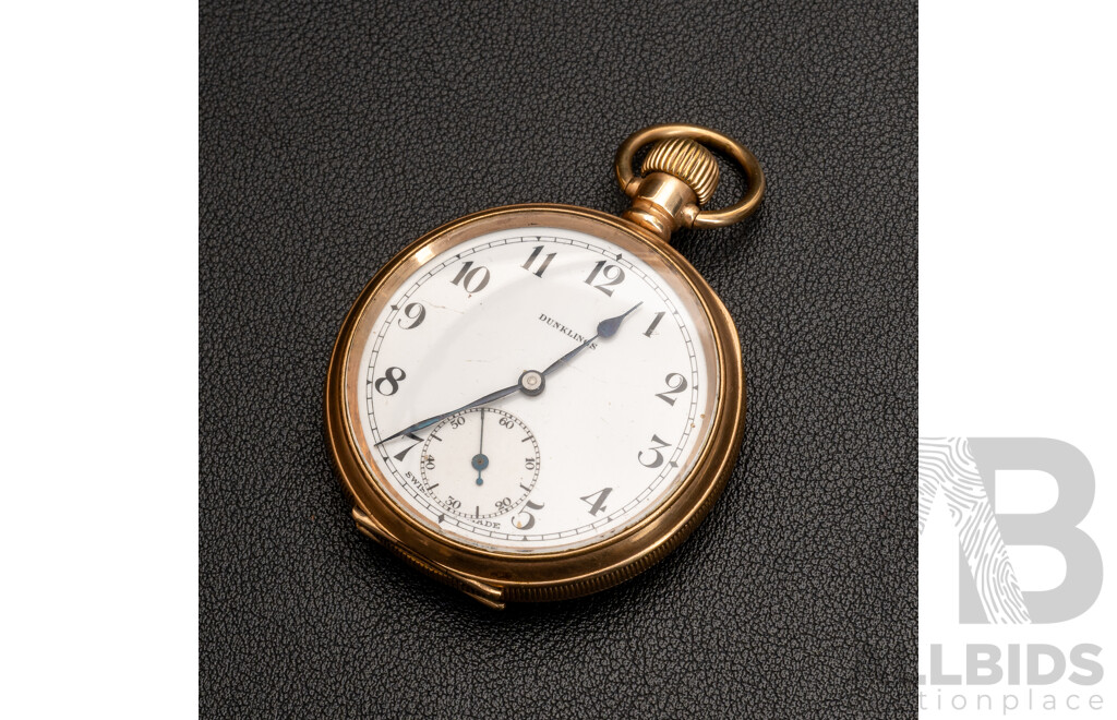 Antique Dunkling Melbourne 15 Jewel Swiss Open Face 48mm Pocket Watch, Circa 1910-20, Working, Gold Tone
