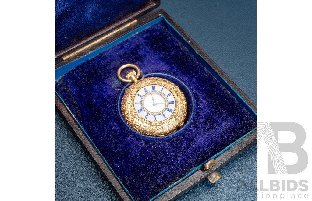 RARE - 18ct Yellow Gold & Enamel Half Hunter Pocket Watch, Inscription 1878, Original Presentation Box, 35.94  Grams