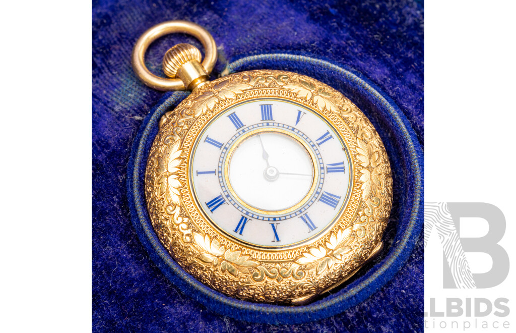 RARE - 18ct Yellow Gold & Enamel Half Hunter Pocket Watch, Inscription 1878, Original Presentation Box, 35.94  Grams