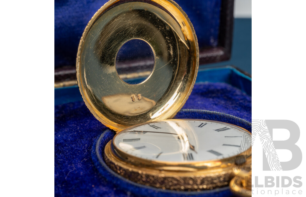 RARE - 18ct Yellow Gold & Enamel Half Hunter Pocket Watch, Inscription 1878, Original Presentation Box, 35.94  Grams
