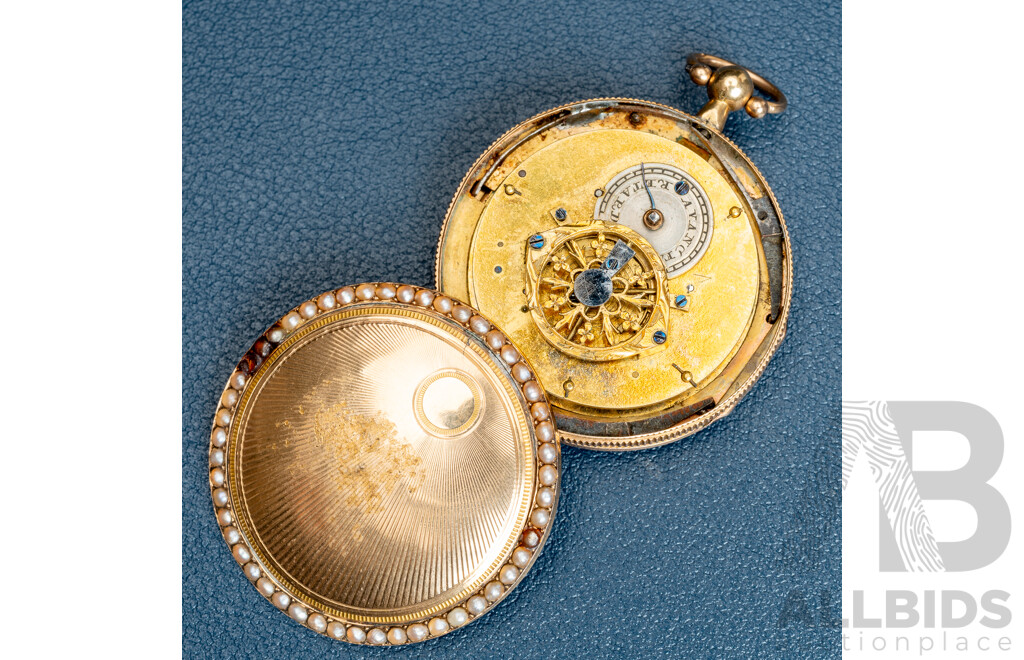 18ct Antique French Seed Pearl & Gold Pocket Watch, Verge Escapement, Circa 18th Century, 26.0 Grams