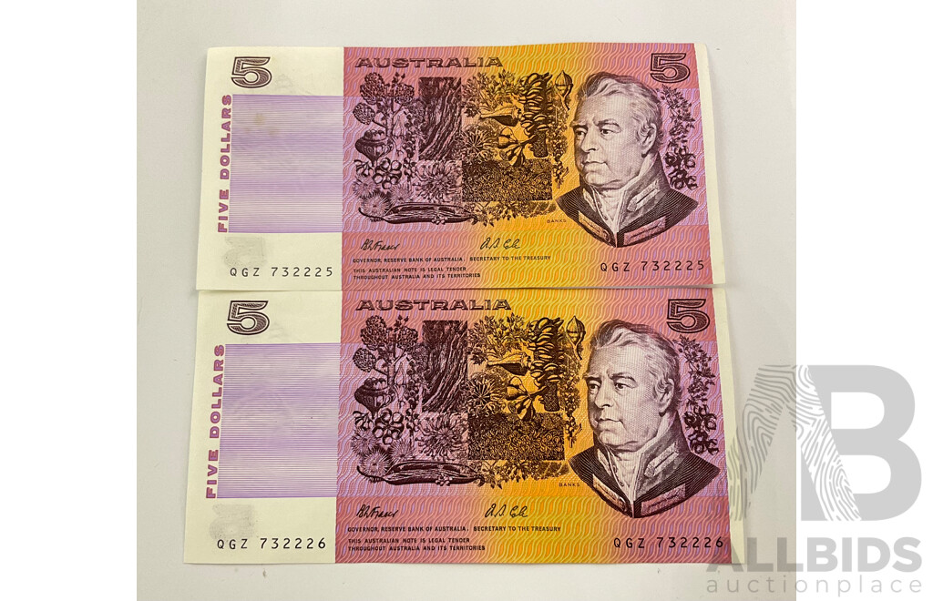 Two Australian 1991 Five Dollar Notes, Fraser/Cole R213 Consecutive QGZ 732225 - QGZ 732226