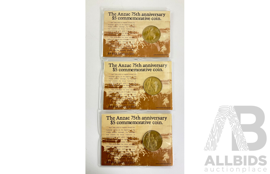 Three Australian RAM 1990 Five Dollar Coins, ANZAC 75th Anniversary