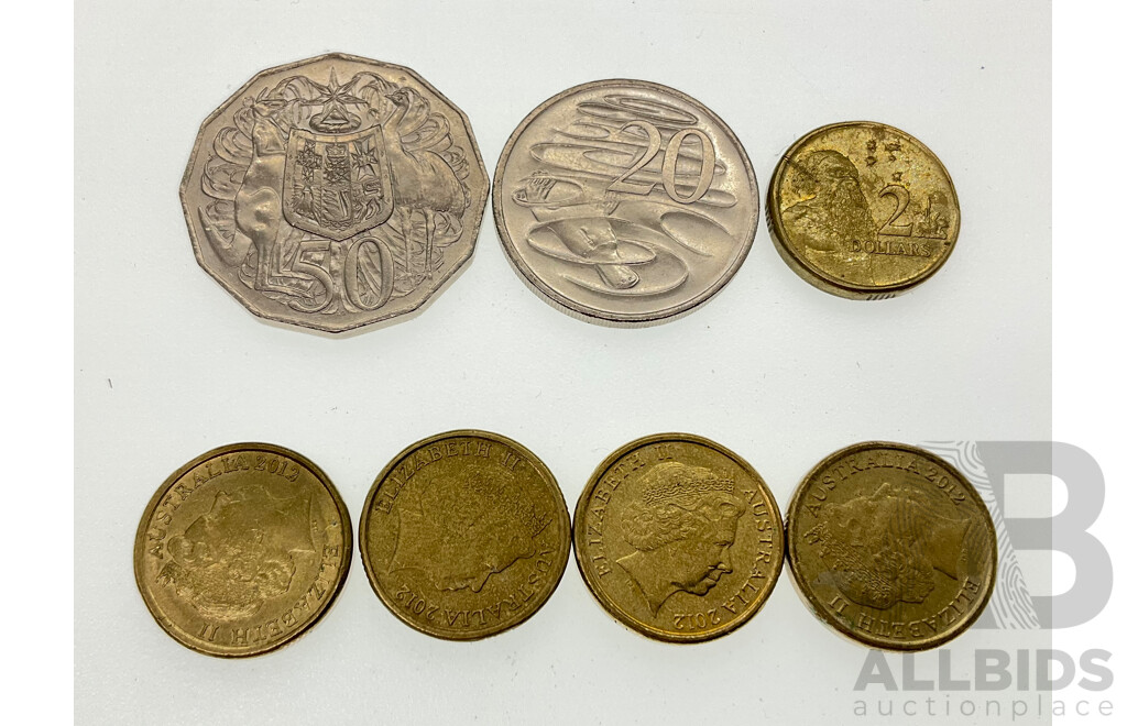 Australian 2016 Commemorative Two Dollar, Fifty Cent and Twenty Cent Coin, 50 Years of Decimal Currency with Four 2012 Two Dollars, Remembrance