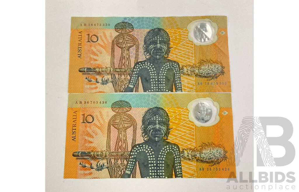 Two Australian 1988 Ten Dollar Notes, Bicentennial, Johnston/Fraser AB 36703436 and AB18673330