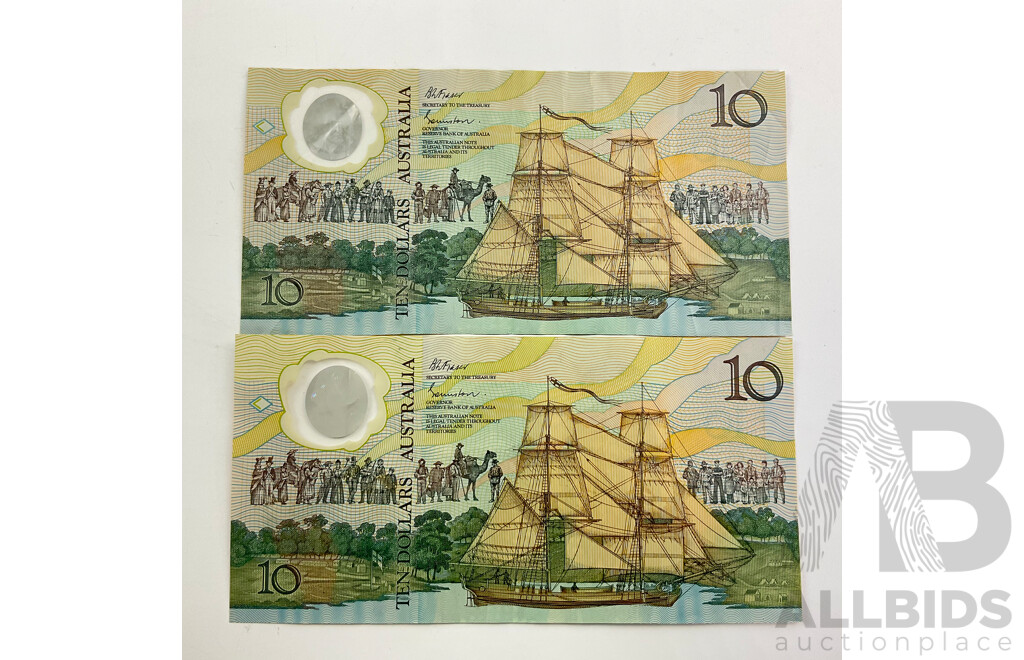Two Australian 1988 Ten Dollar Notes, Bicentennial, Johnston/Fraser AB 36703436 and AB18673330