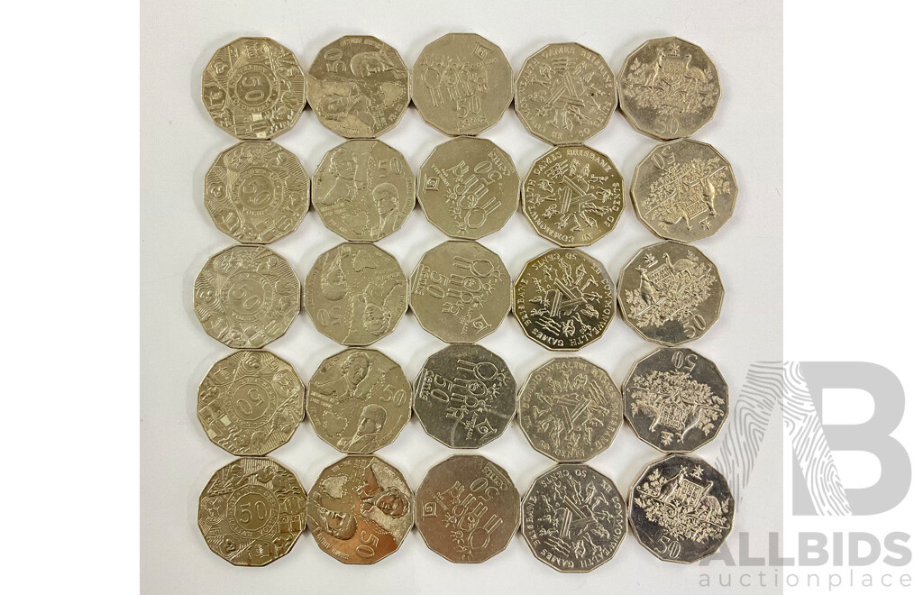 Twenty Five Australian Commemorative Fifty Cent Coins Including 1982 Commonwealth Games(5) 1994 Year of the Family(5) 1998 Bass/Flinders(5) 2001 Coat of Arms Federation(5) 2003 Volunteers(5)