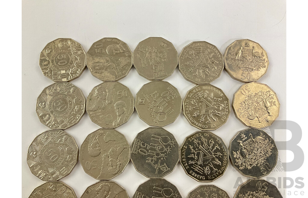 Twenty Five Australian Commemorative Fifty Cent Coins Including 1982 Commonwealth Games(5) 1994 Year of the Family(5) 1998 Bass/Flinders(5) 2001 Coat of Arms Federation(5) 2003 Volunteers(5)