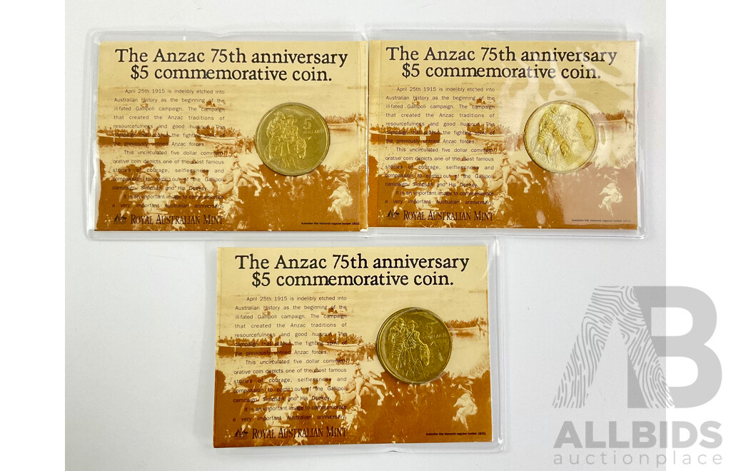 Three Australian RAM 1990 Five Dollar Coins, ANZAC 75th Anniversary