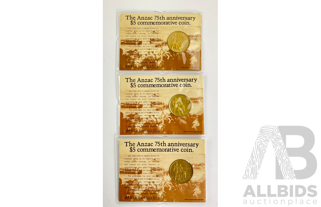 Three Australian RAM 1990 Five Dollar Coins, ANZAC 75th Anniversary