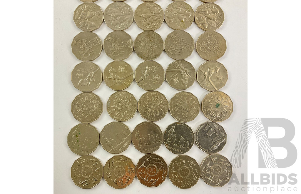 Fifty Australian Commemorative Fifty Cent Coins Including 1970 Captain Cook, 2005 Remembrance, 2004 Student Design, 1982 Commonwealth Games, 2000 Millennium........................