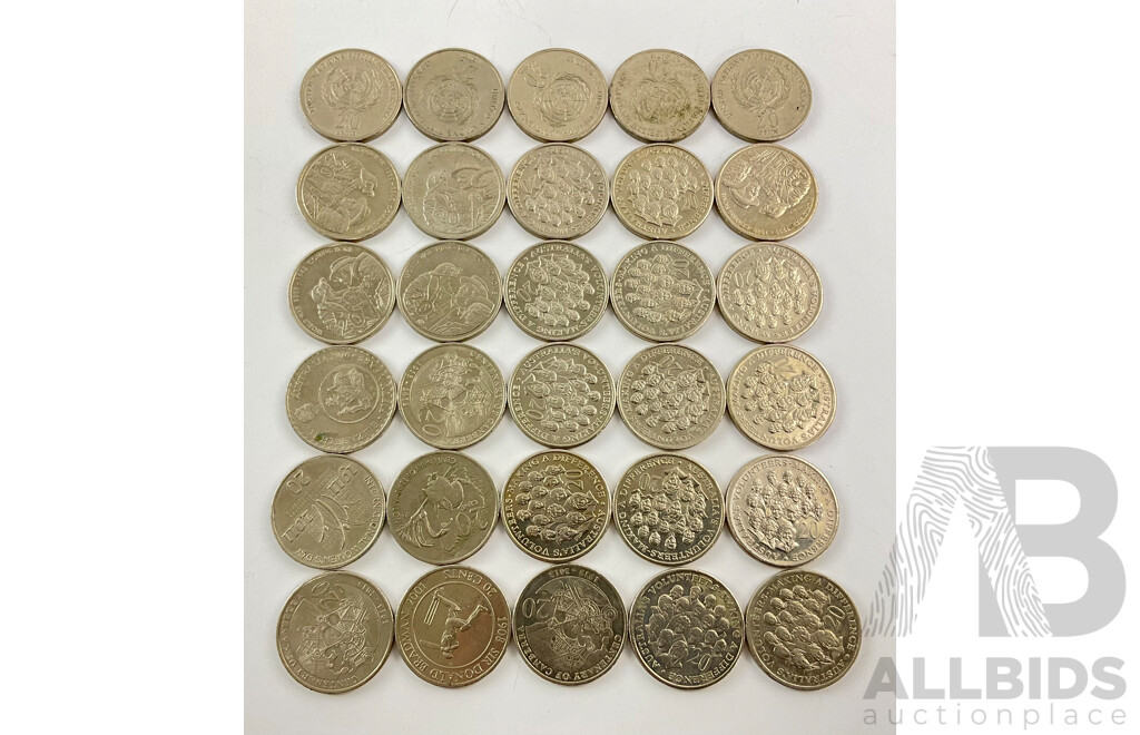 Thirty Australian Commemorative Twenty Cent Coins Including 2013 Centenary Canberra, 2003 Volunteers, 2001 Federation, 2011 Women's Day, 2016 Fifty Years Decimal Currency, 2001 Bradman, 2005 Coming Home, 1995 United Nations