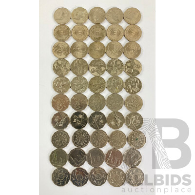 Fifty Australian Commemorative Fifty Cent Coins Including 1970 Captain Cook, 2005 Remembrance, 2004 Student Design, 1982 Commonwealth Games, 2000 Millennium........................
