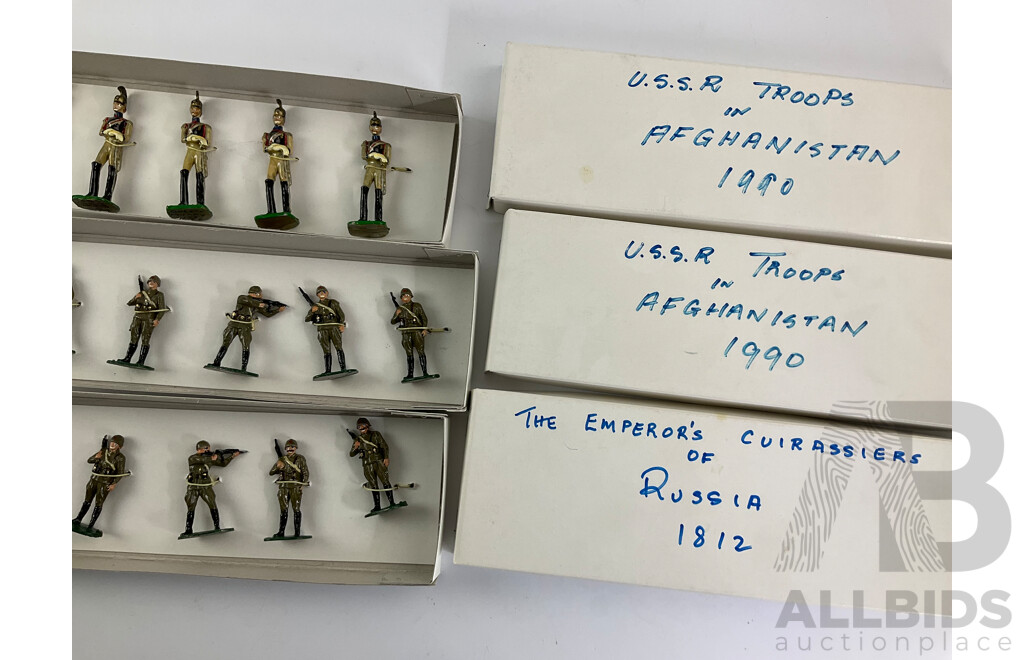 Vintage Cast Lead Russian Military Figures Including 1812 Emperor's Cuirassiers of Russia and USSR 1990 Troops in Afghanistan