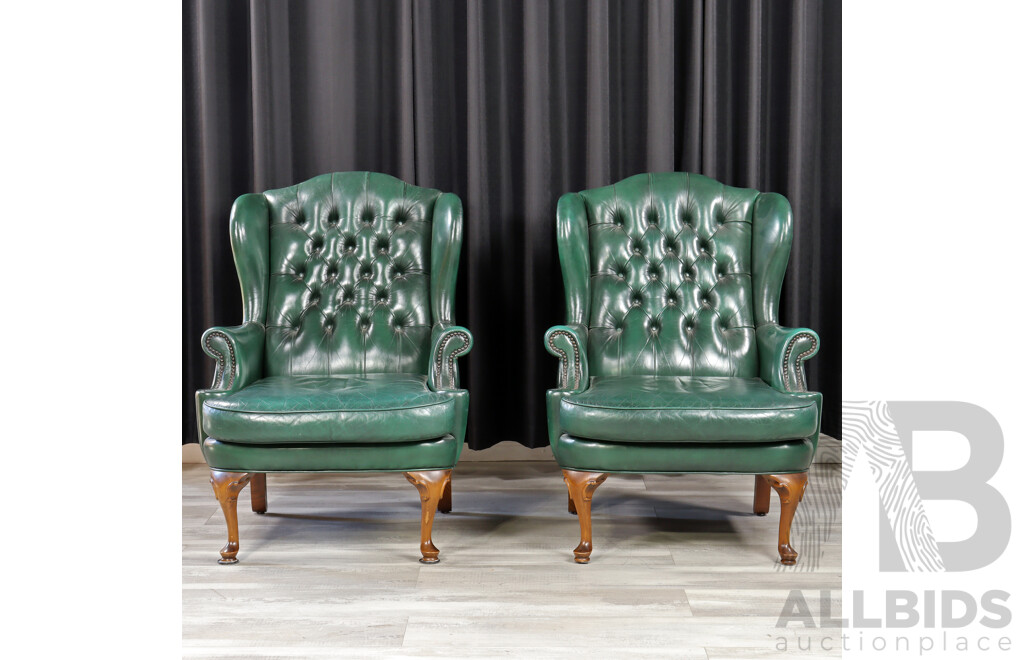 Pair of Vintage Leather Chesterfield Wing Back Armchairs