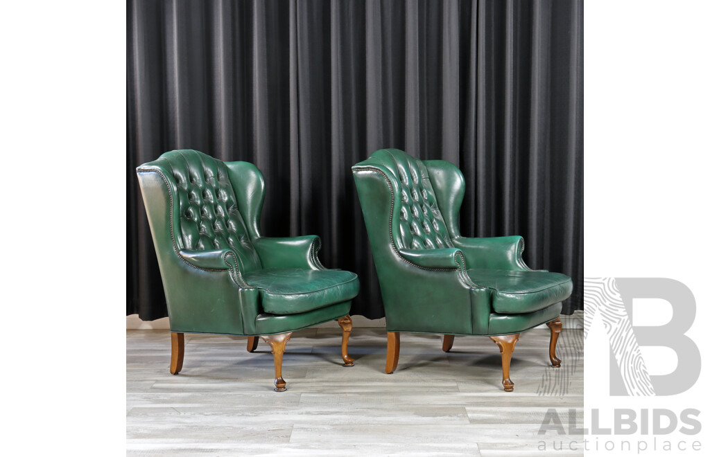 Pair of Vintage Leather Chesterfield Wing Back Armchairs