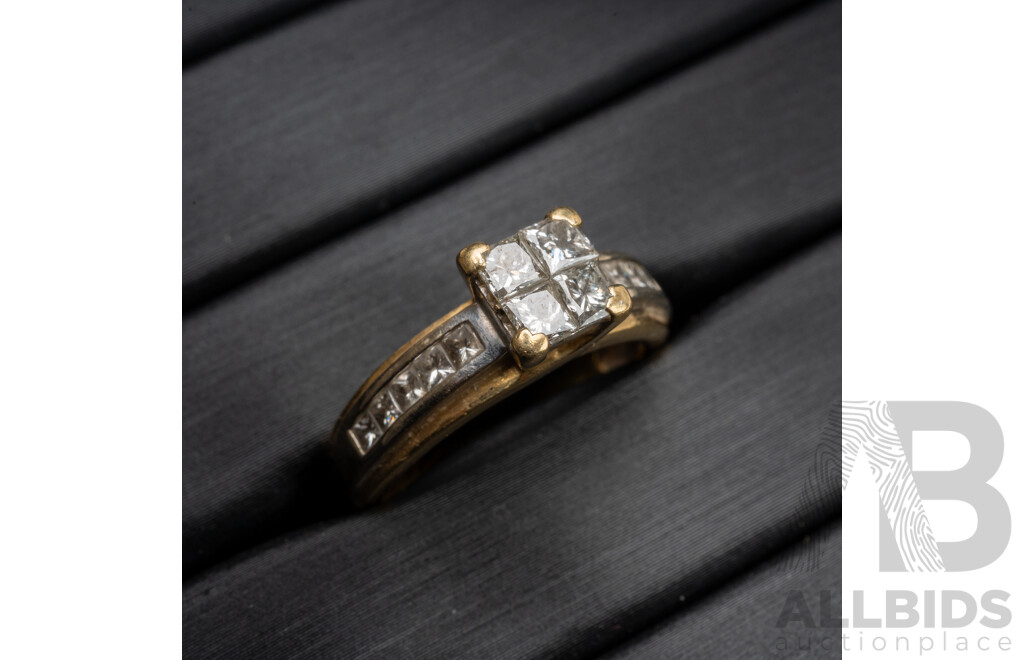 18ct 1.0ct Princess Cut Diamond Cluster Engagement Ring, Size N, 5.49 Grams