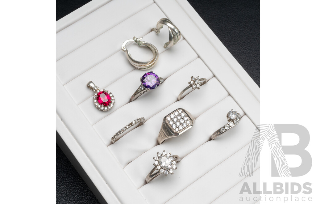 Collection of (6) Sterling Silver Rings, with a Pendant & Pair of Hoop Earrings, 22.62 Grams