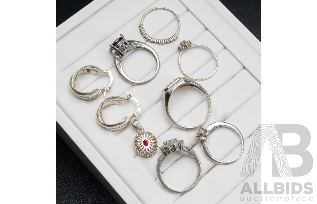 Collection of (6) Sterling Silver Rings, with a Pendant & Pair of Hoop Earrings, 22.62 Grams