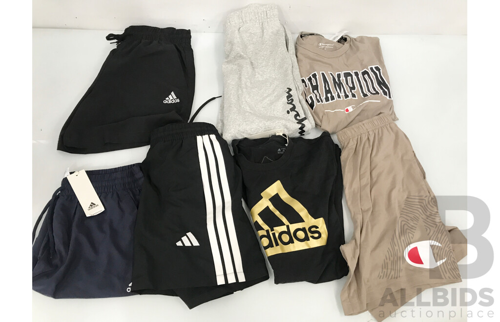 Assorted Adidas and Champion Shirts, Shorts, and Jogging Pants