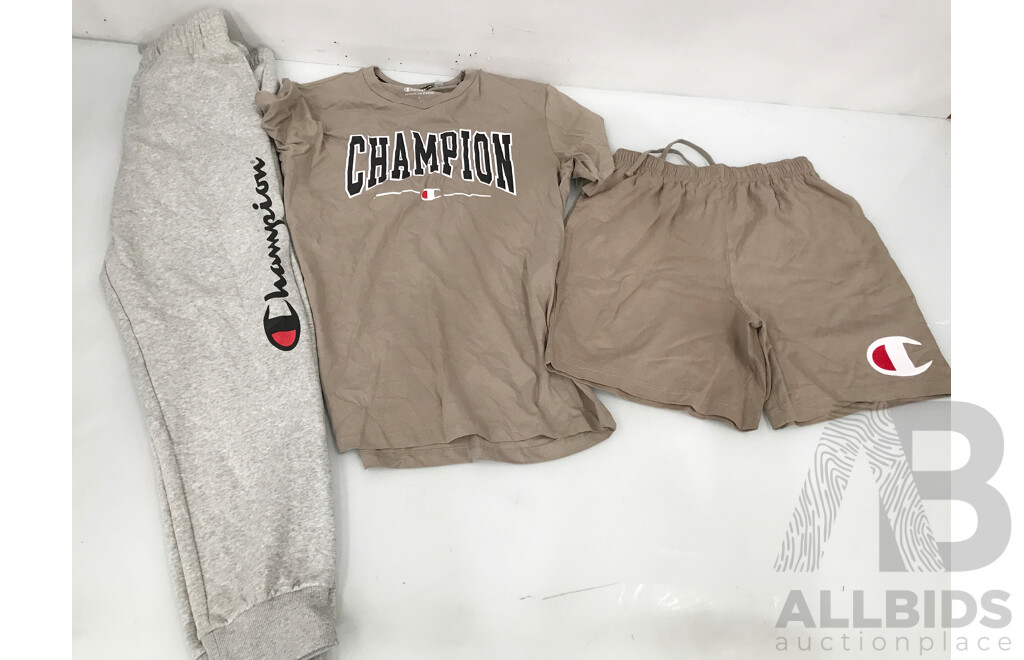 Assorted Adidas and Champion Shirts, Shorts, and Jogging Pants