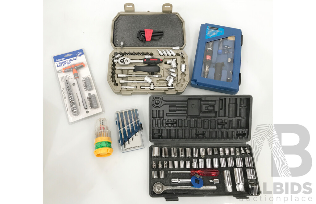 Assorted Tool Sets Including Sockets, Bits, Hex, and Blowing & Micro-Flame Torch Kit