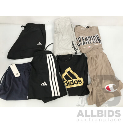 Assorted Adidas and Champion Shirts, Shorts, and Jogging Pants