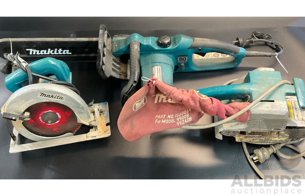 Makita Corded 5740NB Circular Saw & UC3520A 800W Electric Chainsaw & 9900B Belt Sander