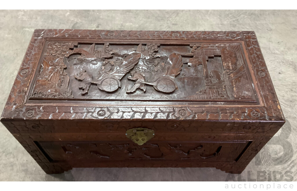 Vintage Large Oritental Carved Wood Chest
